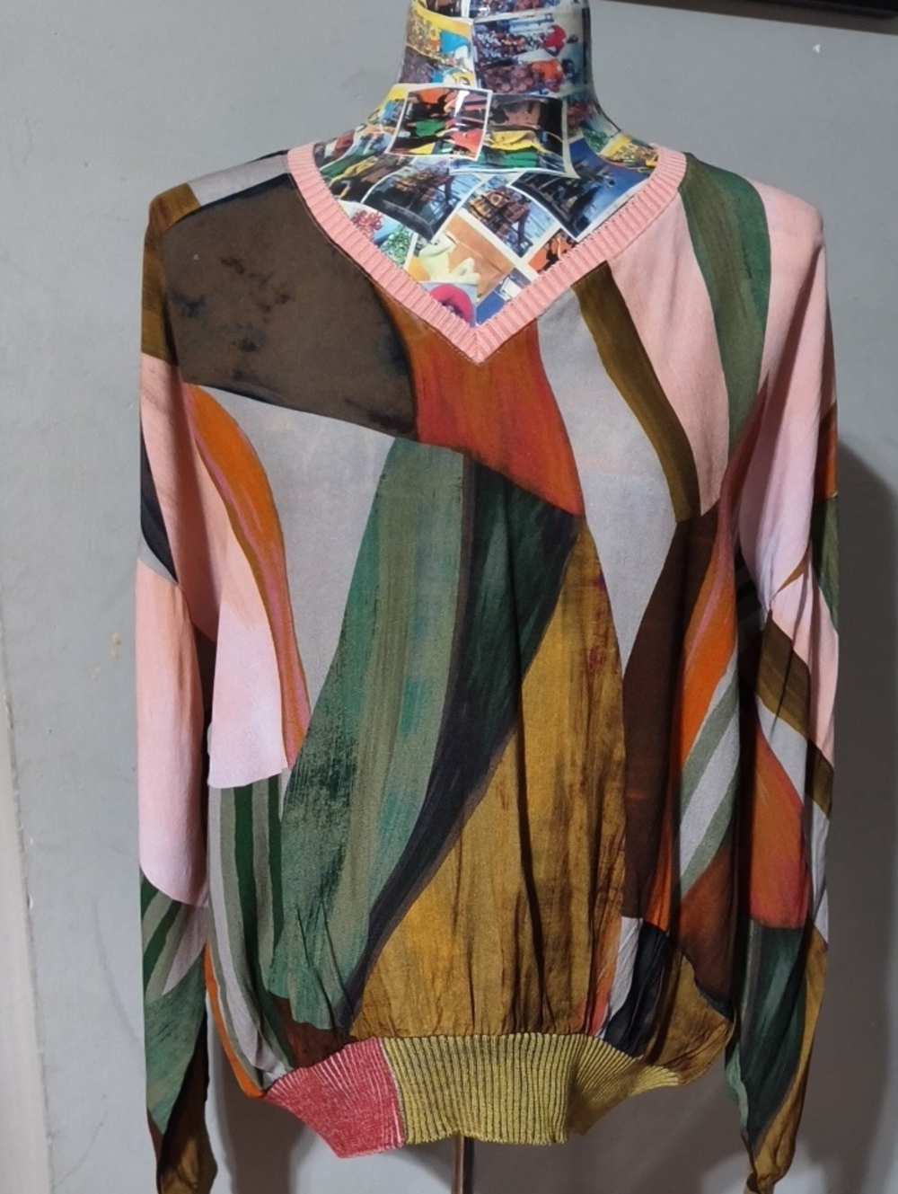 Aldomartins Multicolor Abstract V-Neck Long Sleeve Sheer Top